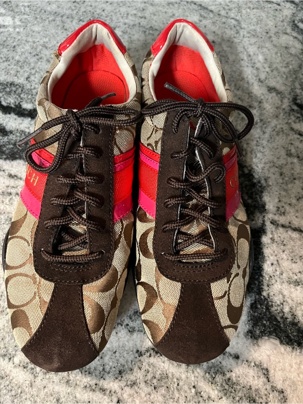 Coach Brown Signature Sneakers with Pink & Red Accents 7 M
